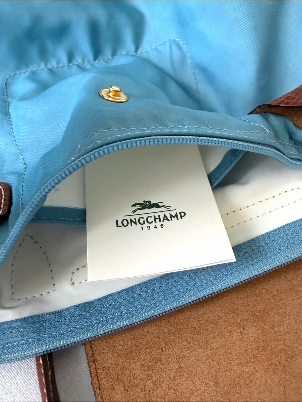 Longchamp Le Pliage Top-Handle Tote in Light Blue w Brown leather, GUC - Picture 10 of 16
